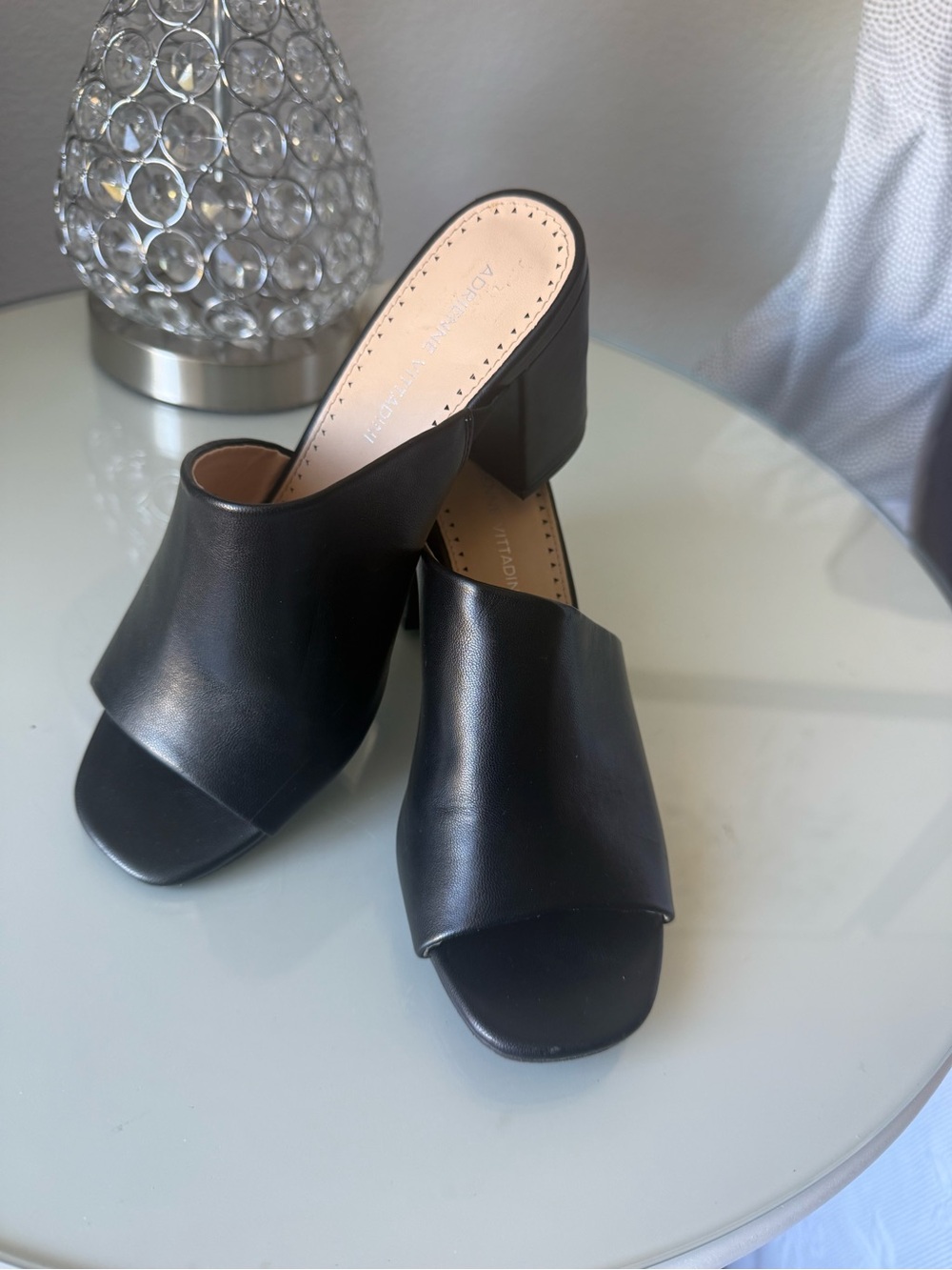 Adrienne Vittadini Black Leather Open-Toe Block Heel Mules
